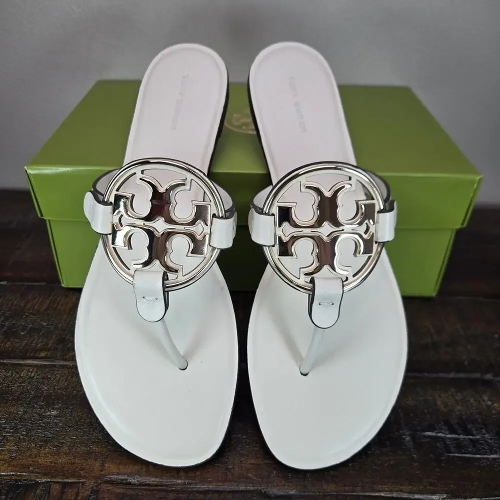 NEW Tory Burch Metal Miller Leather Womens Size 7 Sandal Flip Flops Light Cream